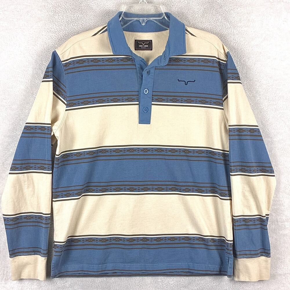 Kimes Ranch Rugby Shirt Mens M Ivory Blue Aztec Stripe Preppy Western Cowboy
